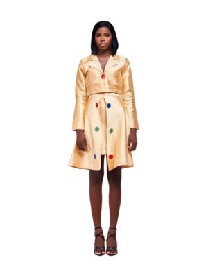 Golden Satin Suit Set with Color Pop Buttons