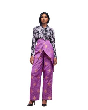 Tie-Dye Satin Blouse & Brocade Wrap Pants Set