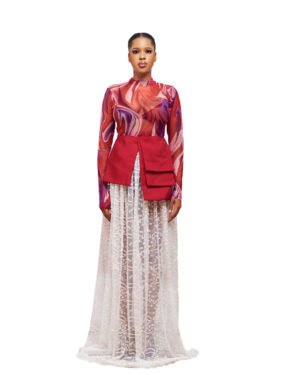 Red and White Sheer Lace Maxi Dress with Peplum