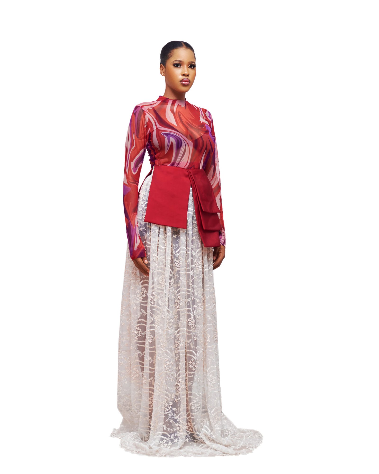 Red and White Sheer Lace Maxi Dress with Peplum - Image 3