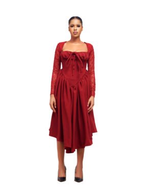 Burgundy Lace-Sleeve Corset Midi Dress