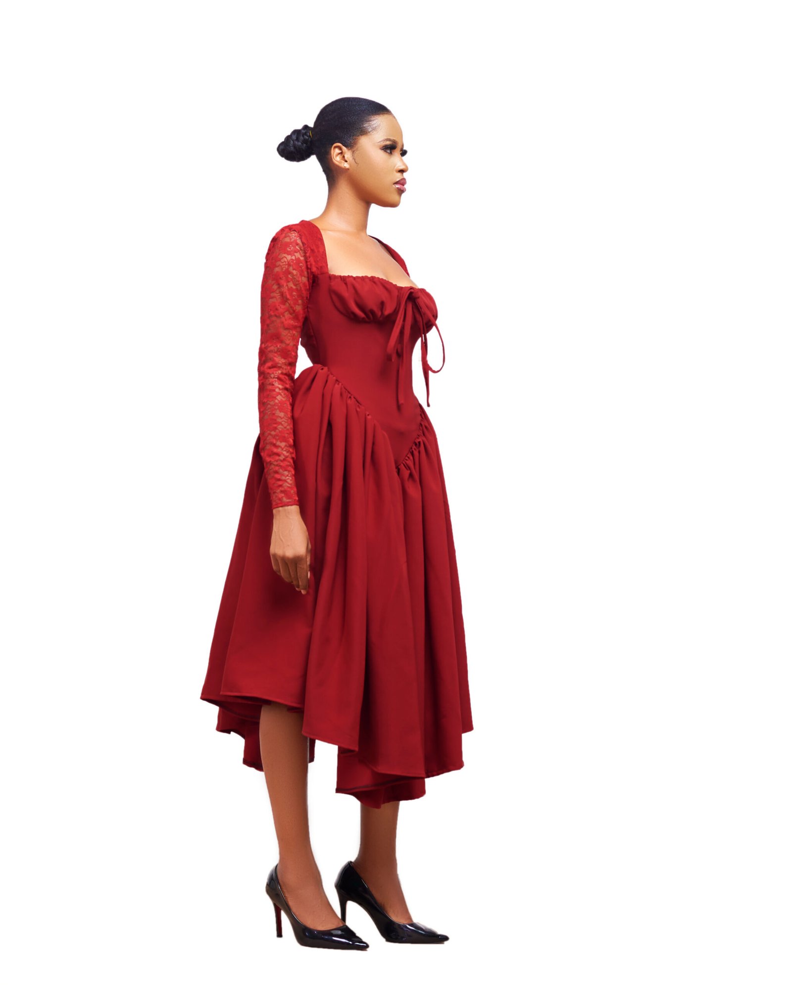 Burgundy Lace-Sleeve Corset Midi Dress - Image 3