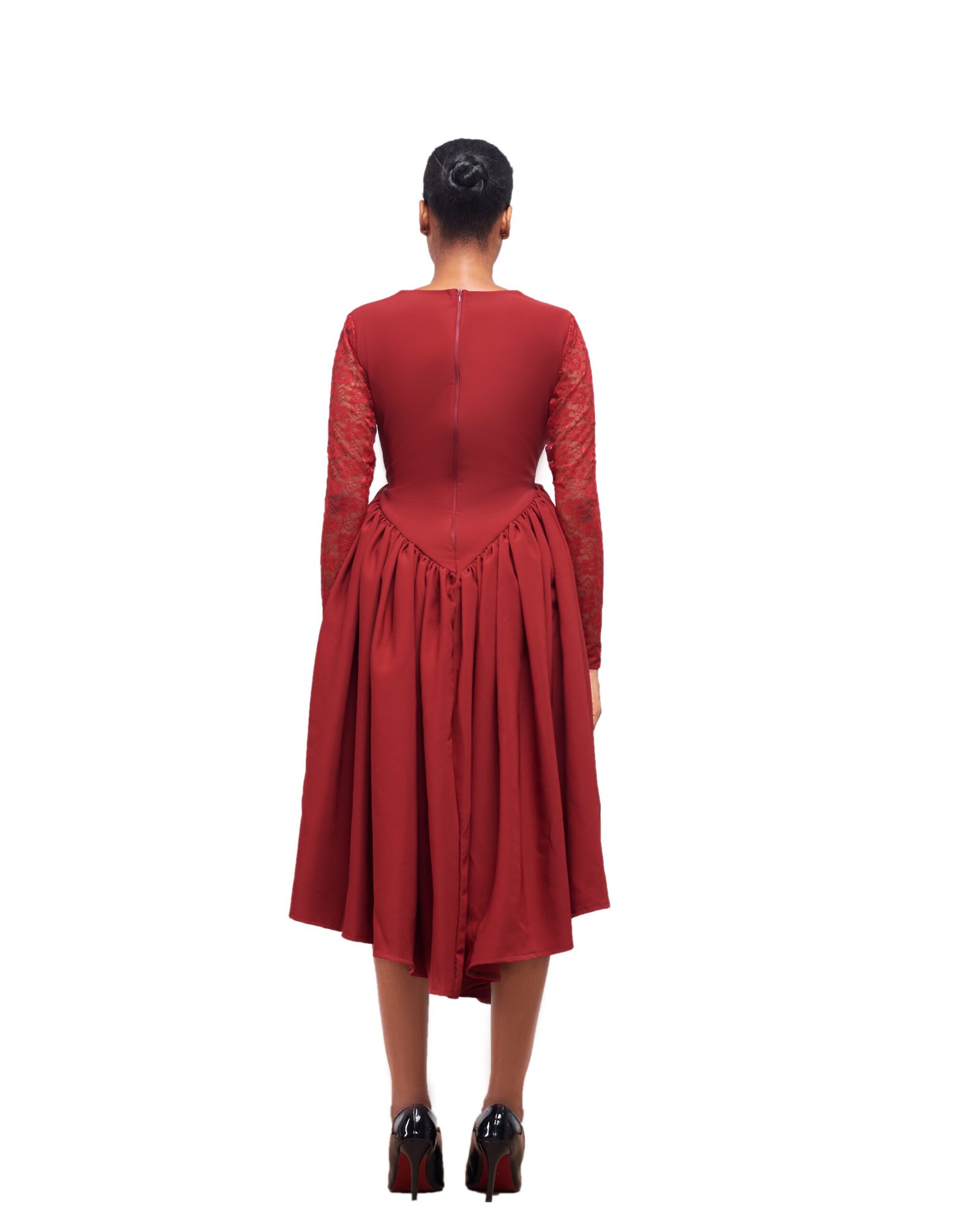 Burgundy Lace-Sleeve Corset Midi Dress - Image 2