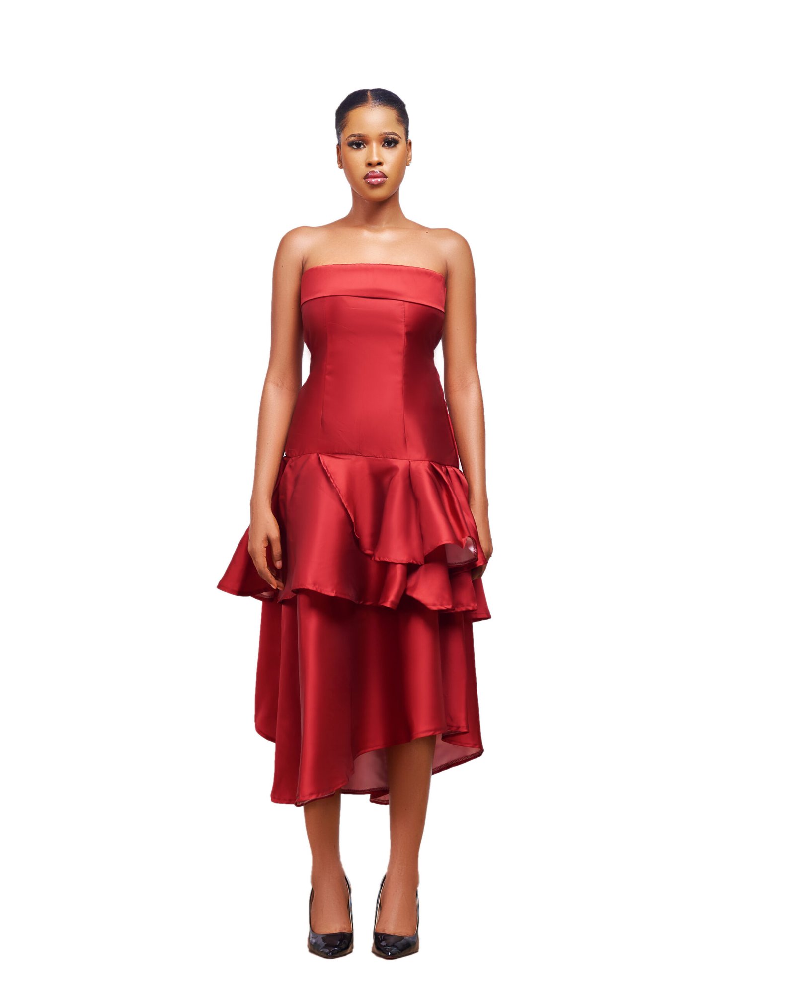 Red Strapless Ruffle Hem Dress